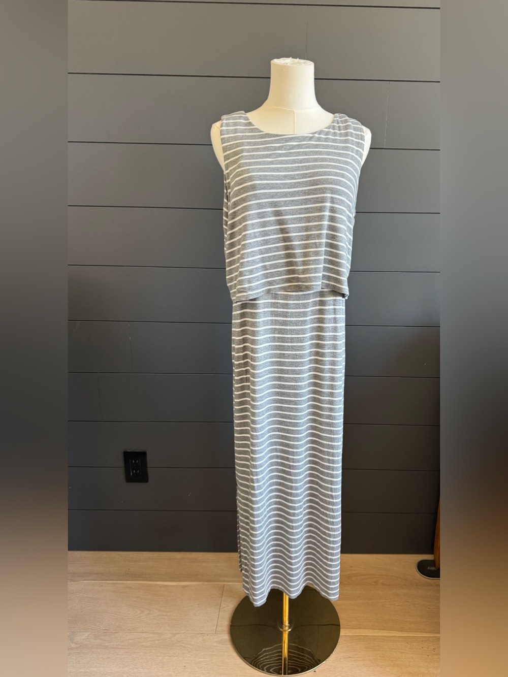 Seraphine Gray & White Striped Sleeveless Maxi Dress Maternity Nursing Soft